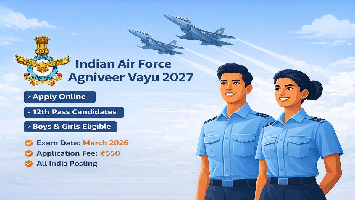 Indian Air Force Agniveer Vayu Intake 2027 recruitment image showing male and female Air Force aspirants with fighter aircraft